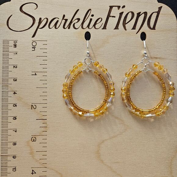Gold faceted glass crystal and seed beaded teardrop double hoop earrings - Picture 1 of 1
